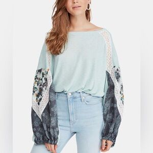 Free People Casual Clash Top Oversize XS balloon sleeve aqua lace Bohemian
